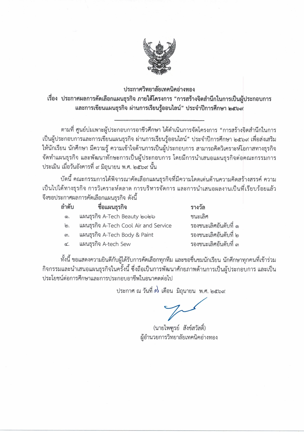 ประกาศผลการคัดเลือกแผนธุรกิจ 2569 page 0001